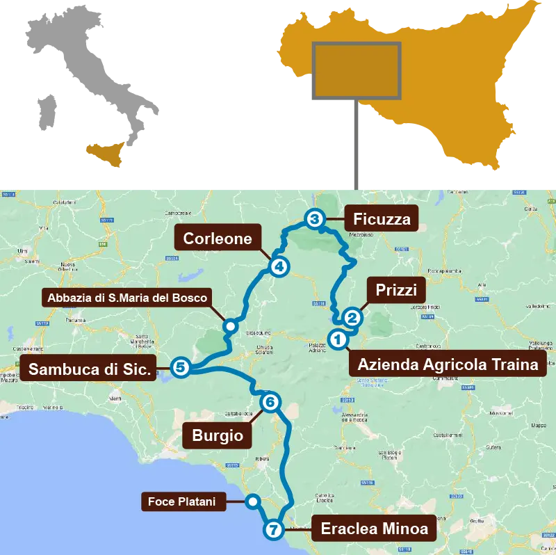 Sikani Horse Trek Sicilia - tour excursion map - rotta sicana - Ficuzza, Corleone, Sciacca, Burgio, Eraclea Mino