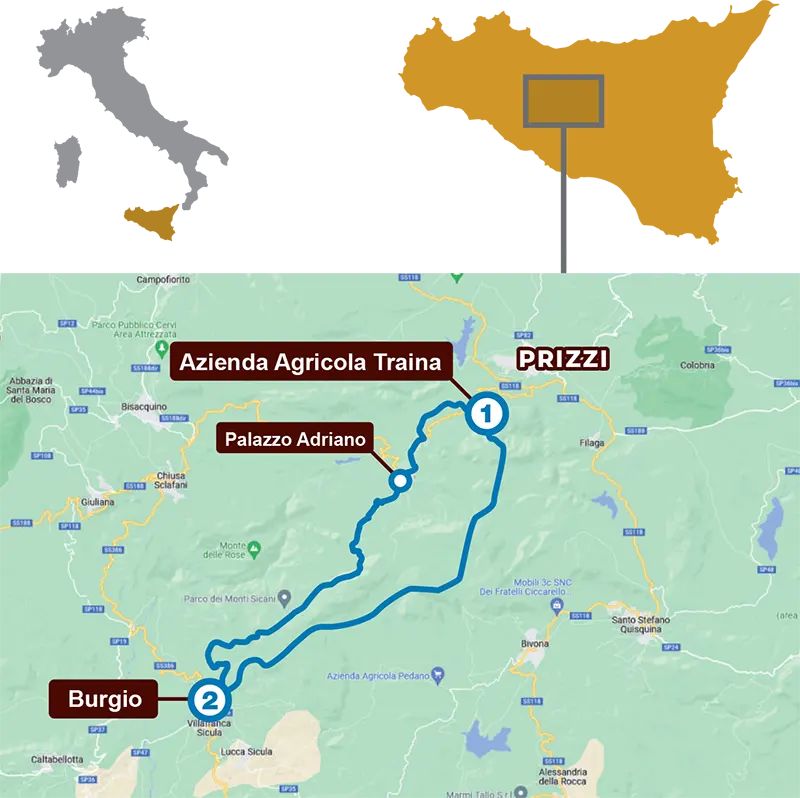 Sikani Horse Trek Sicily - tour excursion map - Palazzo Adriano Burgio