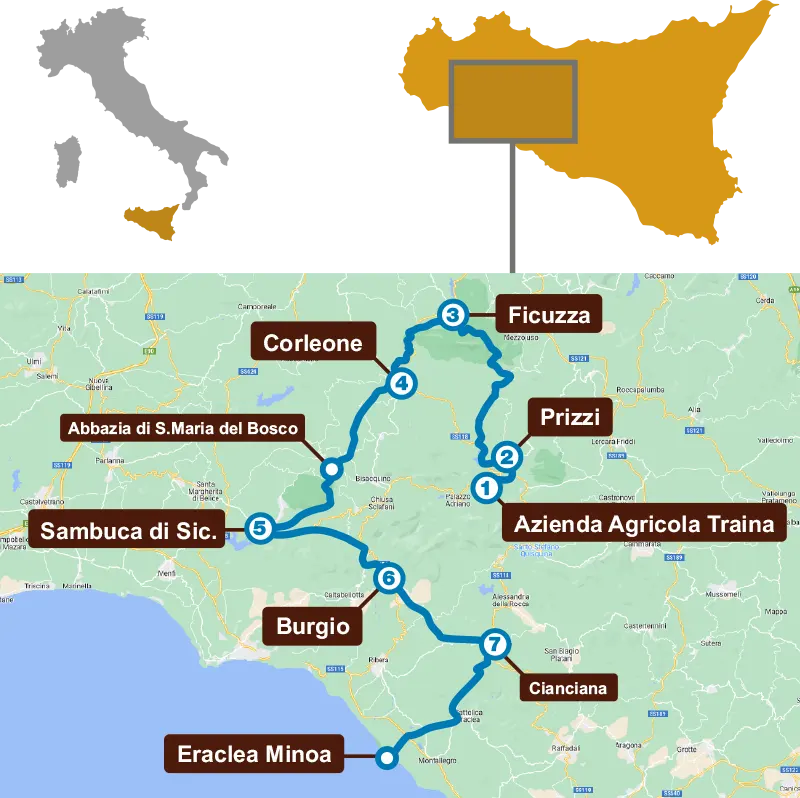 Sikani Horse Trek Sicilia - tour excursion map - Rotta sicana - Ficuzza, Corleone, Sciacca, Burgio, Eraclea Minoa